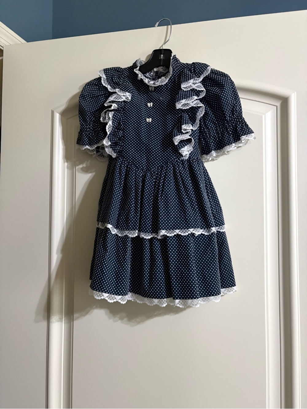 Vintage 1950’s Handmade Navy Blue Polka Dot Ruffle Dress with White Lace w/slip